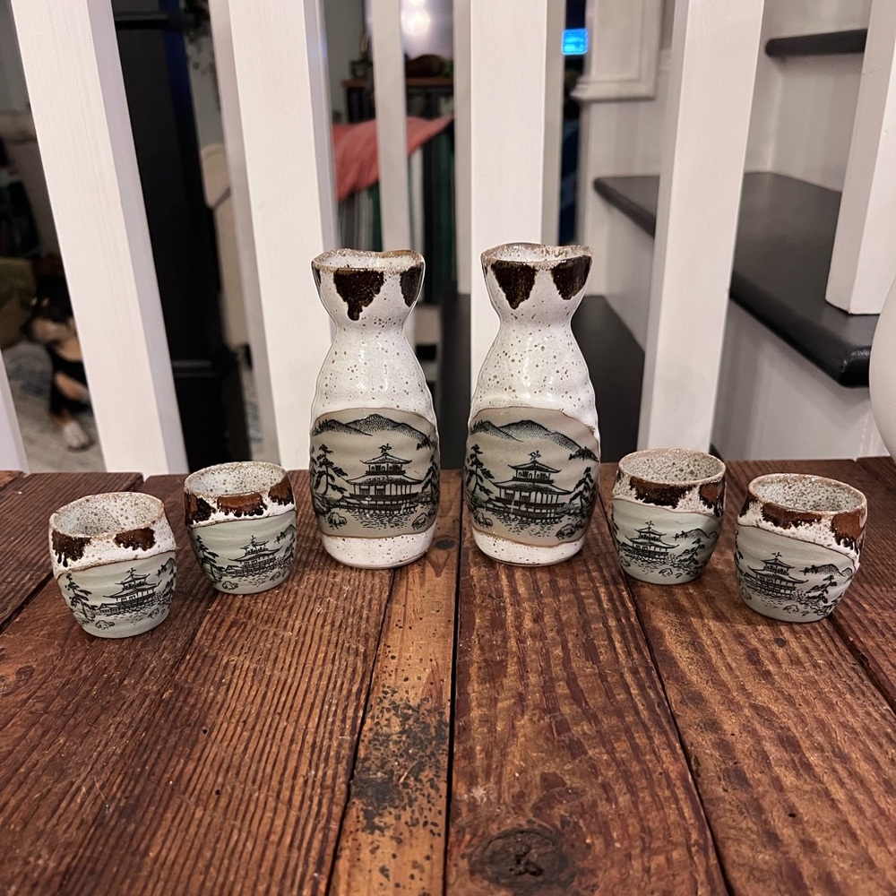 Vintage Ceramic Sake Set with Pagoda Scene